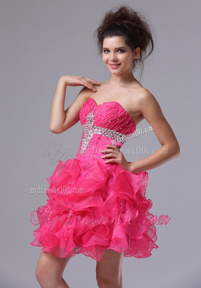 Sweetheart Mini-length Beading Hot Pink Ruffles Cocktail Dress
