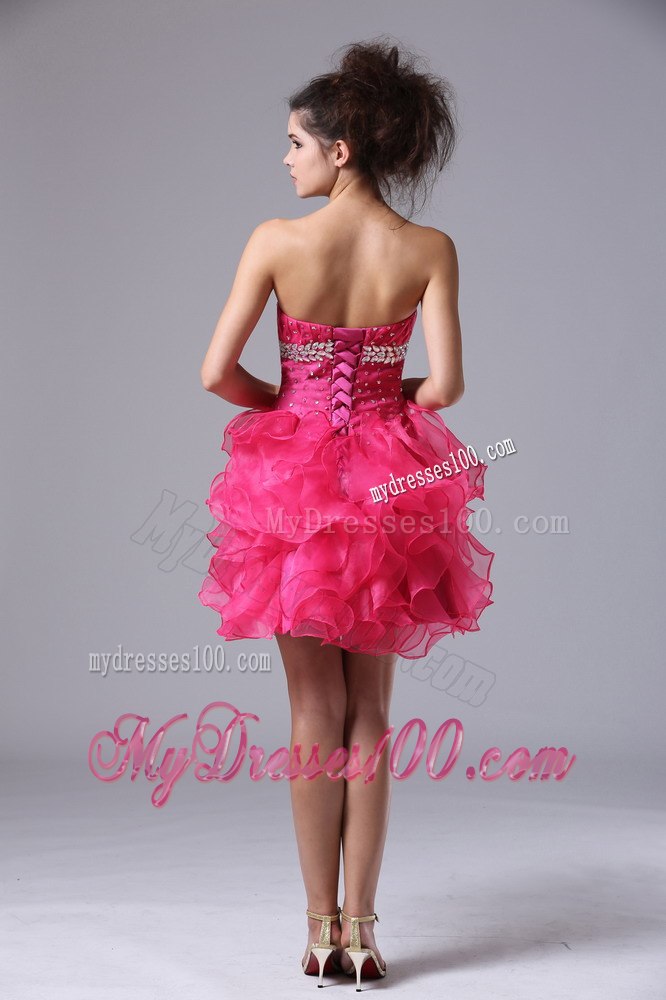 Sweetheart Mini-length Beading Hot Pink Ruffles Cocktail Dress
