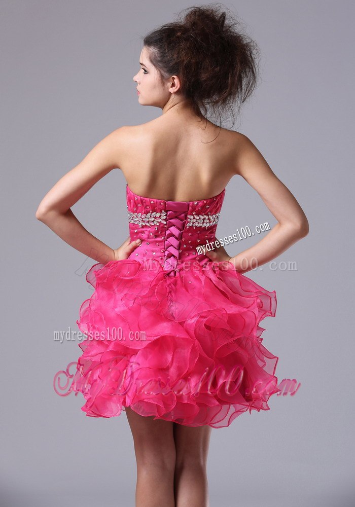 Sweetheart Mini-length Beading Hot Pink Ruffles Cocktail Dress