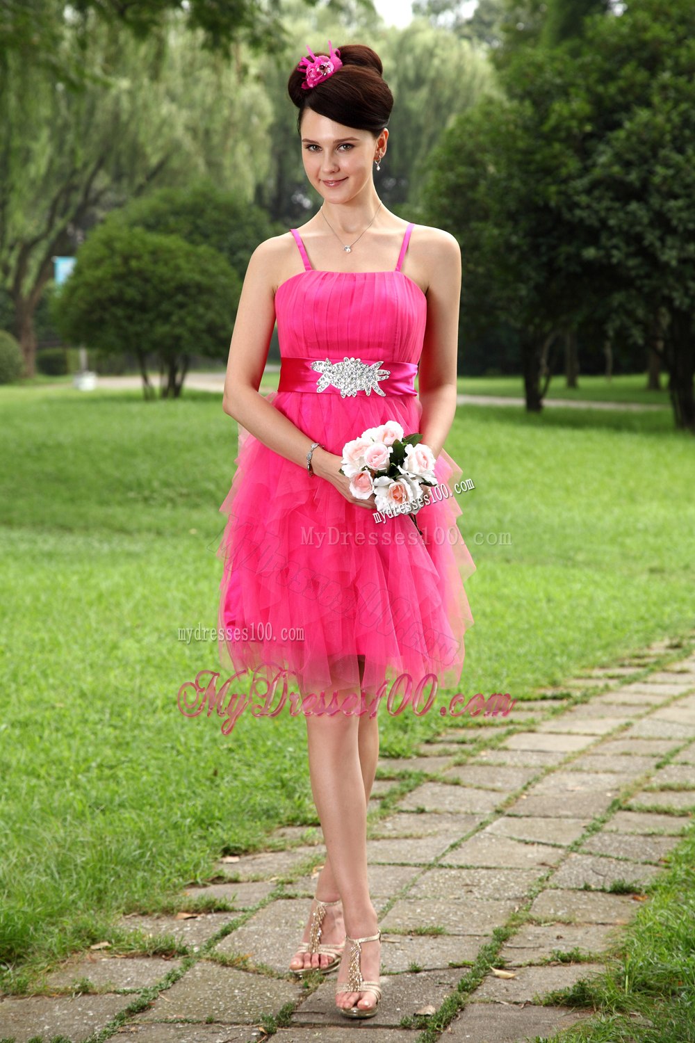 Hot Pink Empire Straps Sashes Cocktail Dress with Appliques Ruffles