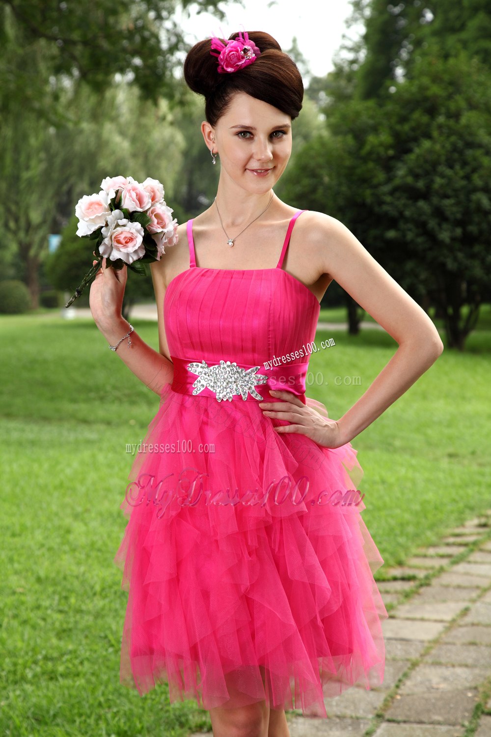 Hot Pink Empire Straps Sashes Cocktail Dress with Appliques Ruffles