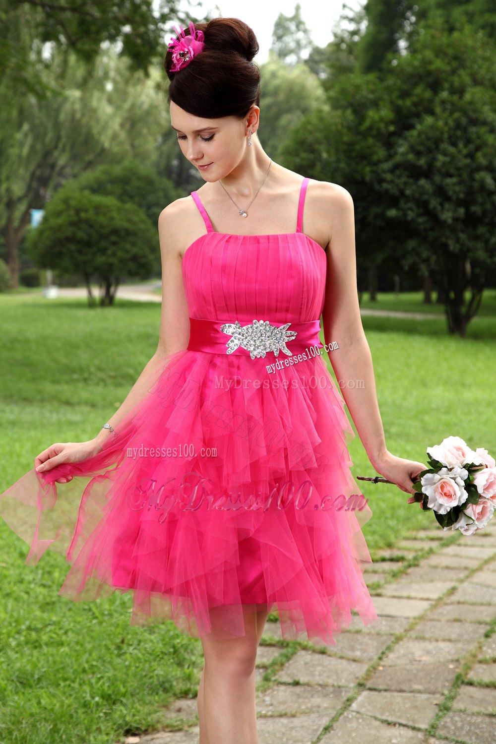 Hot Pink Empire Straps Sashes Cocktail Dress with Appliques Ruffles