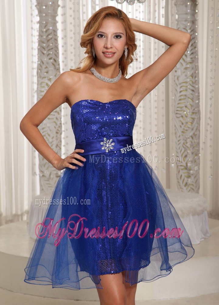 A-line Peacock Blue Sequins Over Skirt Mini-length Strapless Prom / Cocktail Dress Online