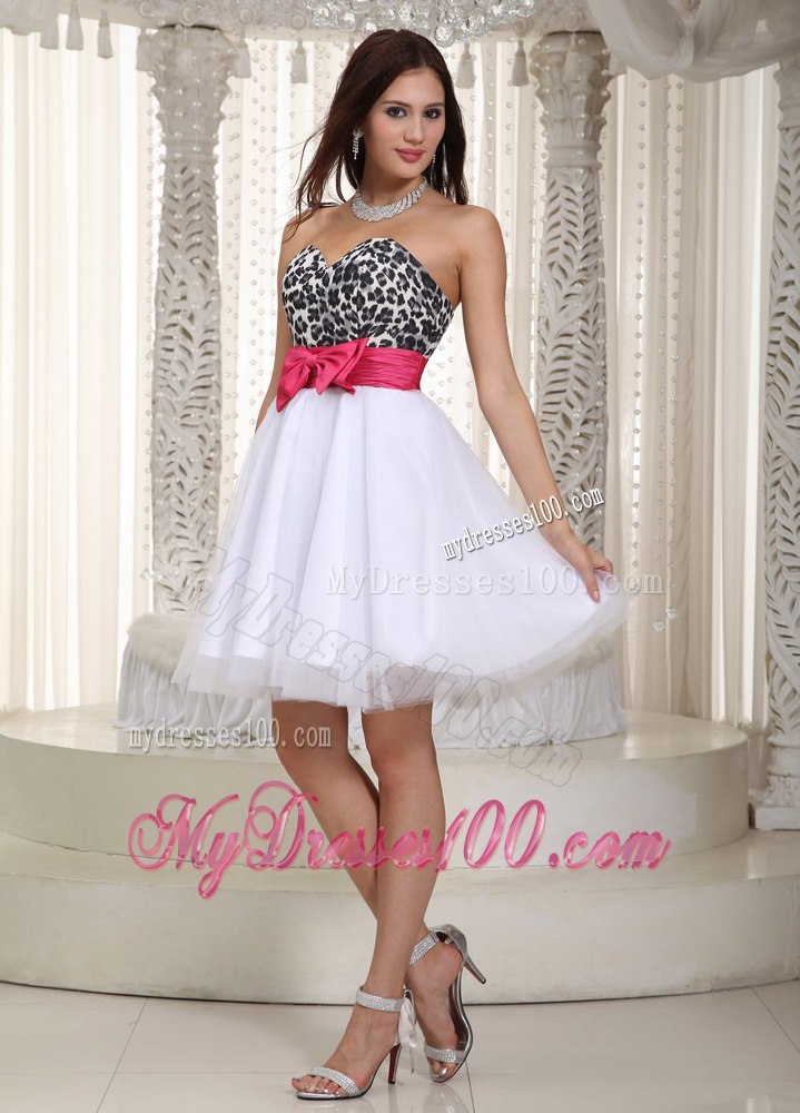 White Sweetheart Knee-length Leopard and Pink Bow Cocktail Dress