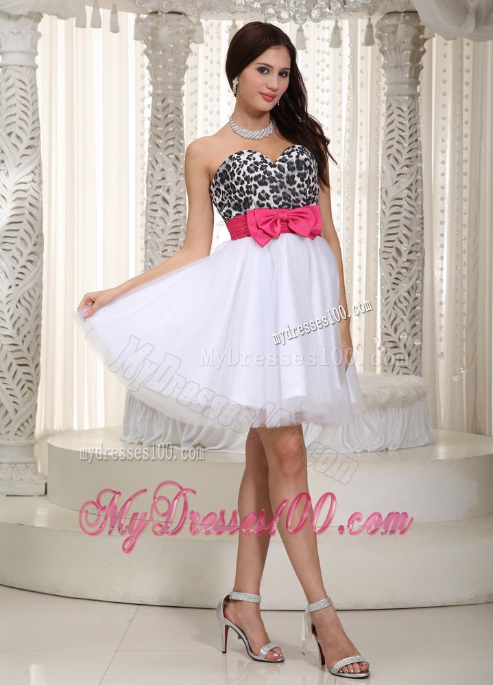 White Sweetheart Knee-length Leopard and Pink Bow Cocktail Dress