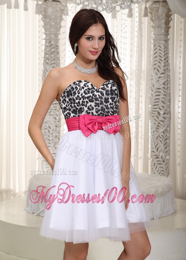 White Sweetheart Knee-length Leopard and Pink Bow Cocktail Dress