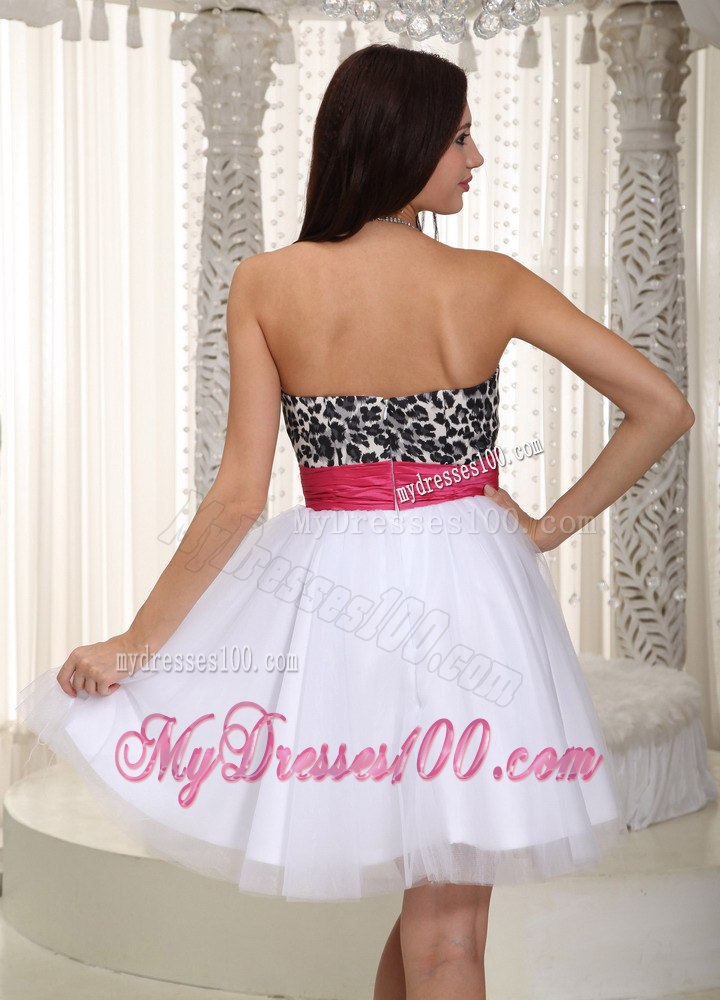 White Sweetheart Knee-length Leopard and Pink Bow Cocktail Dress