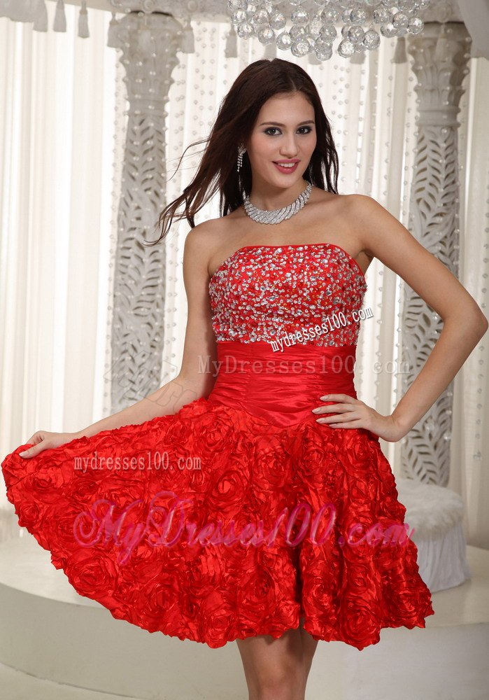 2013 Red Strapless Fabric With Rolling Flower Beading Cocktail Dress
