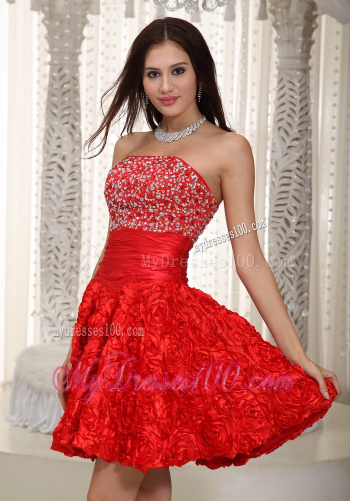 2013 Red Strapless Fabric With Rolling Flower Beading Cocktail Dress