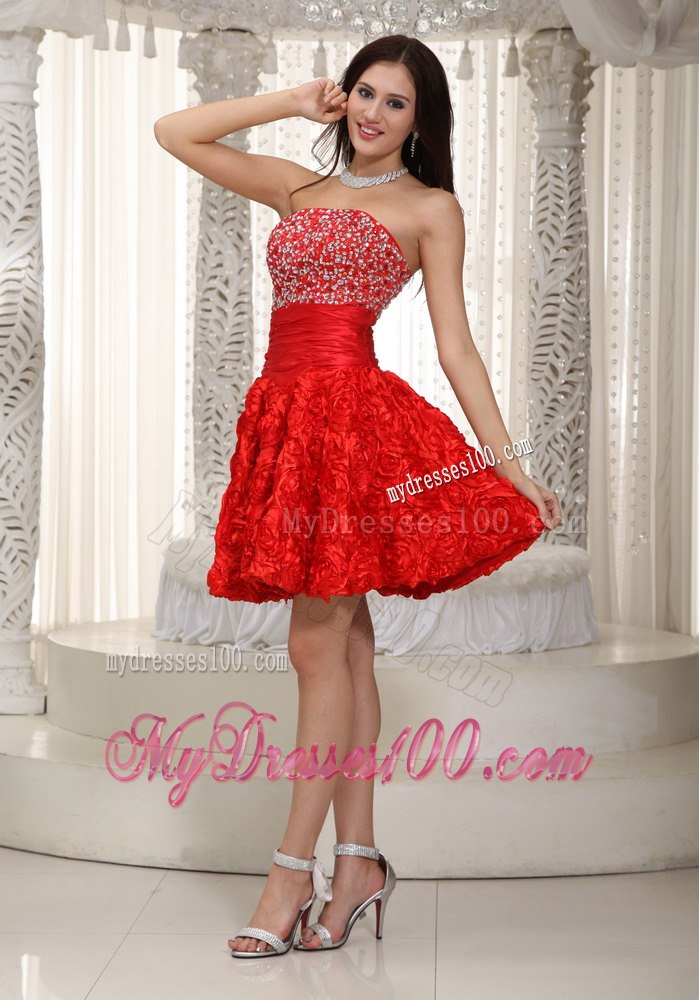 2013 Red Strapless Fabric With Rolling Flower Beading Cocktail Dress