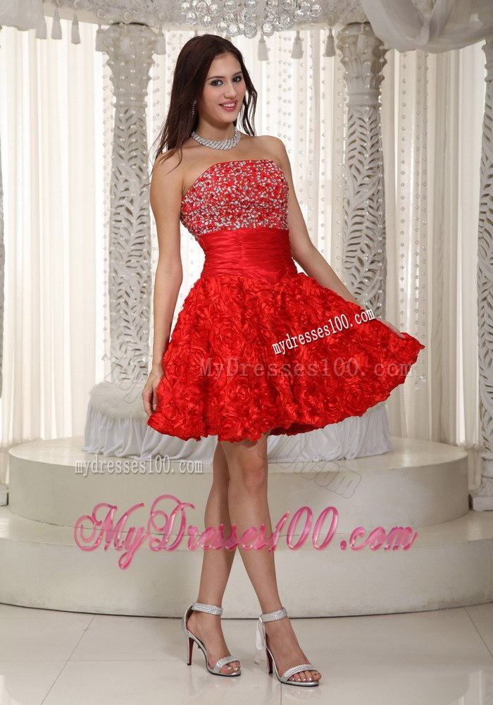 2013 Red Strapless Fabric With Rolling Flower Beading Cocktail Dress