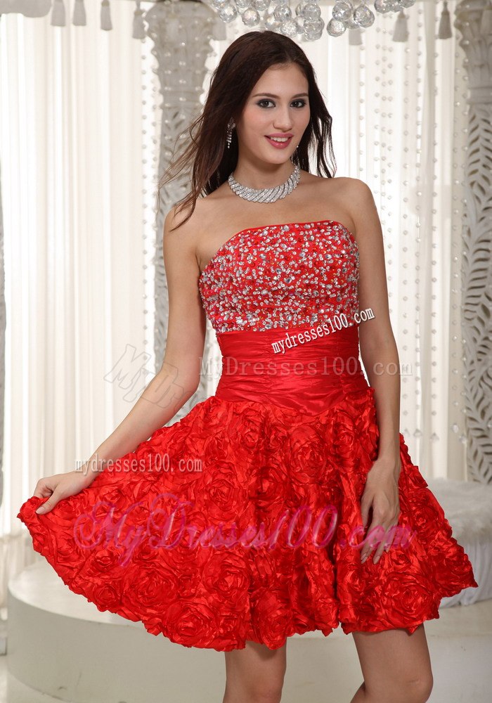 2013 Red Strapless Fabric With Rolling Flower Beading Cocktail Dress