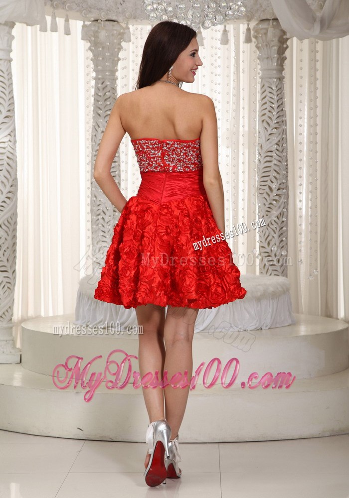 2013 Red Strapless Fabric With Rolling Flower Beading Cocktail Dress