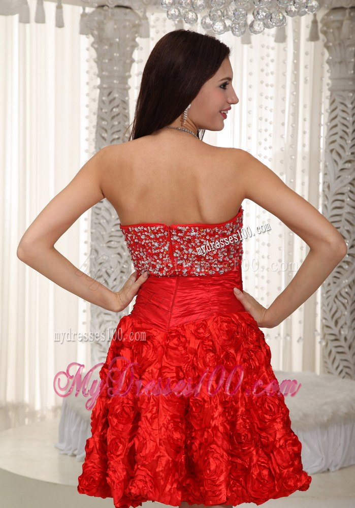 2013 Red Strapless Fabric With Rolling Flower Beading Cocktail Dress