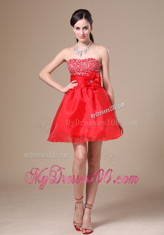 Cheap Beading and Hand Made Flower Red 2013 Cocktail Dress
