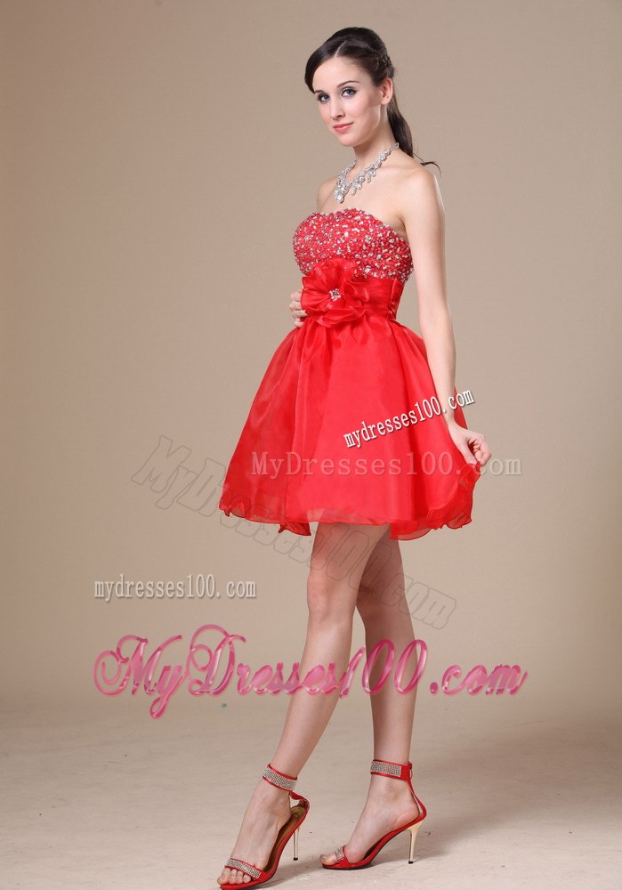 Cheap Beading and Hand Made Flower Red 2013 Cocktail Dress