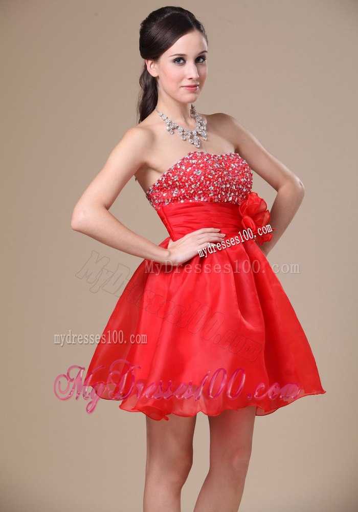 Cheap Beading and Hand Made Flower Red 2013 Cocktail Dress