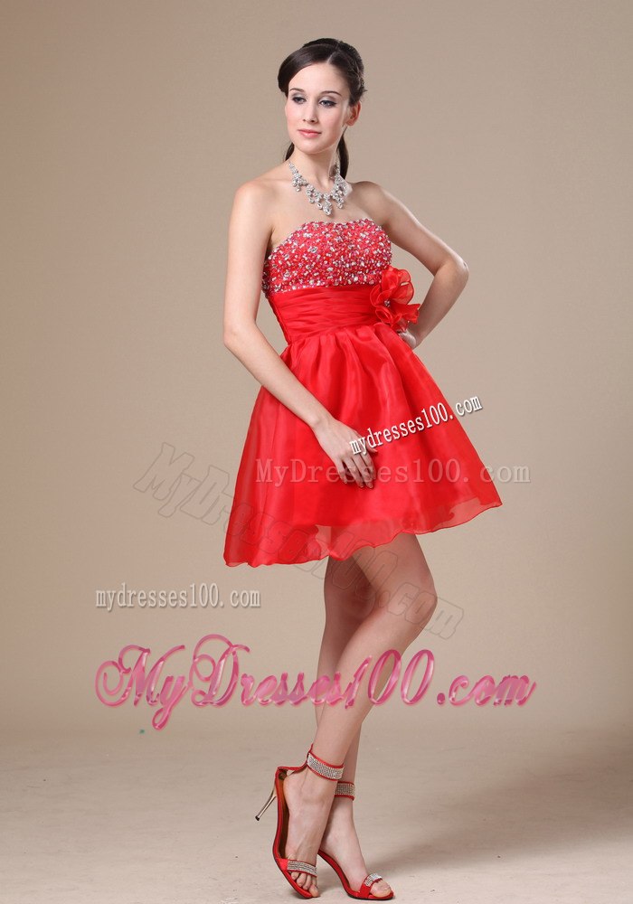 Cheap Beading and Hand Made Flower Red 2013 Cocktail Dress
