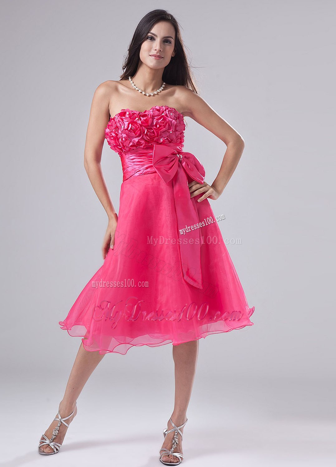 Sweetheart Hot Pink Hand Made Flowers Bow Cocktail Dress