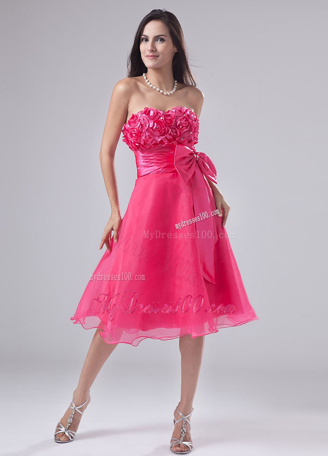 Sweetheart Hot Pink Hand Made Flowers Bow Cocktail Dress