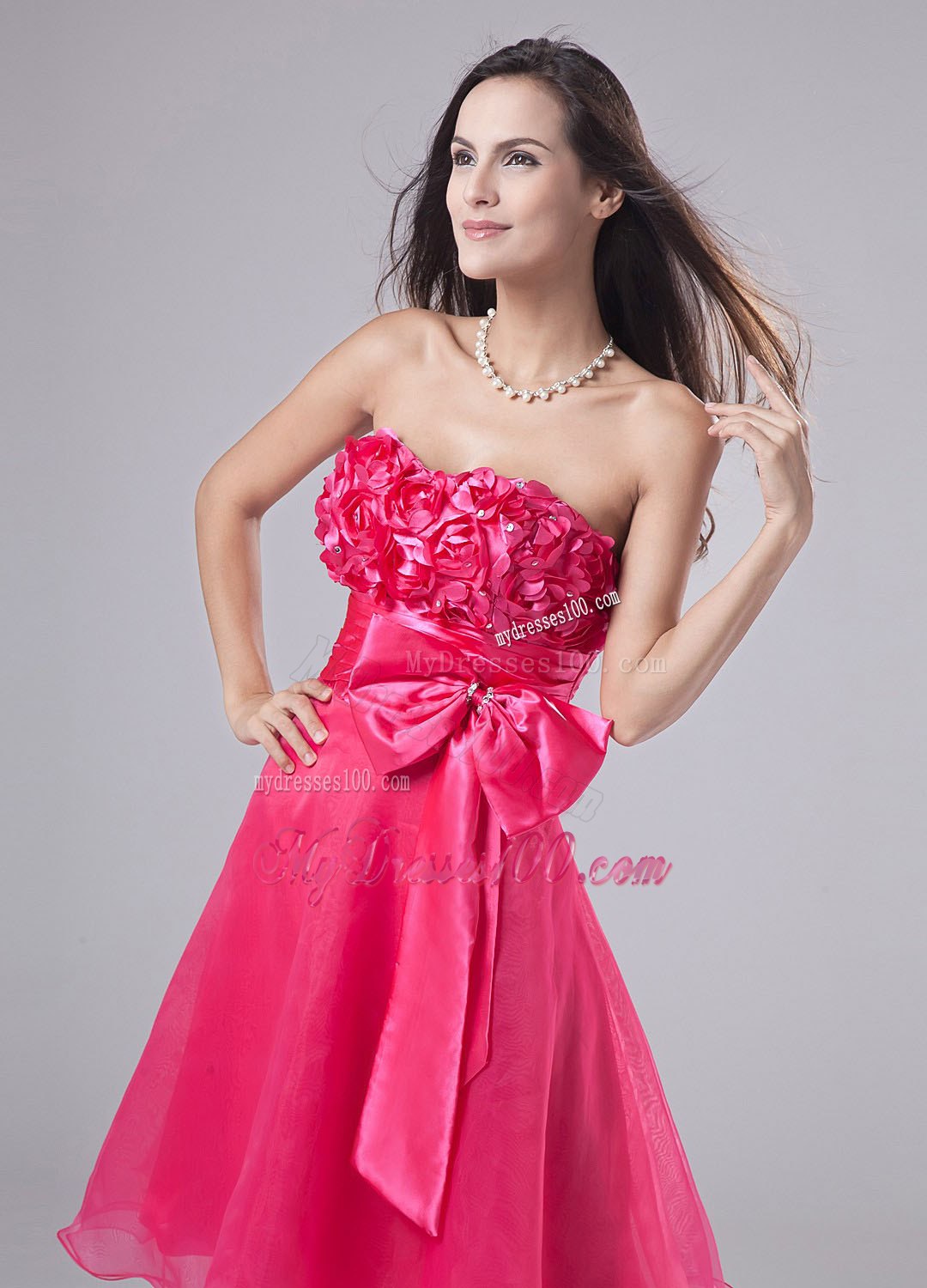 Sweetheart Hot Pink Hand Made Flowers Bow Cocktail Dress