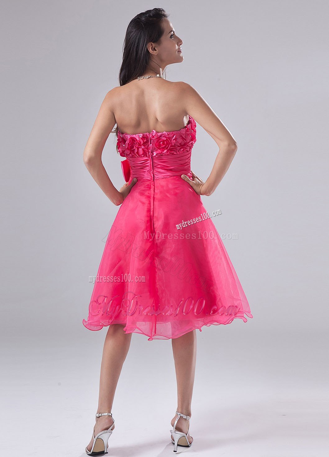 Sweetheart Hot Pink Hand Made Flowers Bow Cocktail Dress