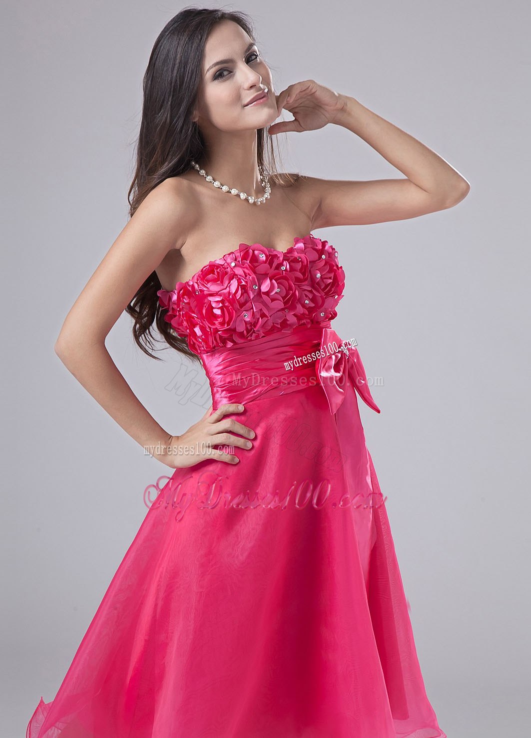 Sweetheart Hot Pink Hand Made Flowers Bow Cocktail Dress