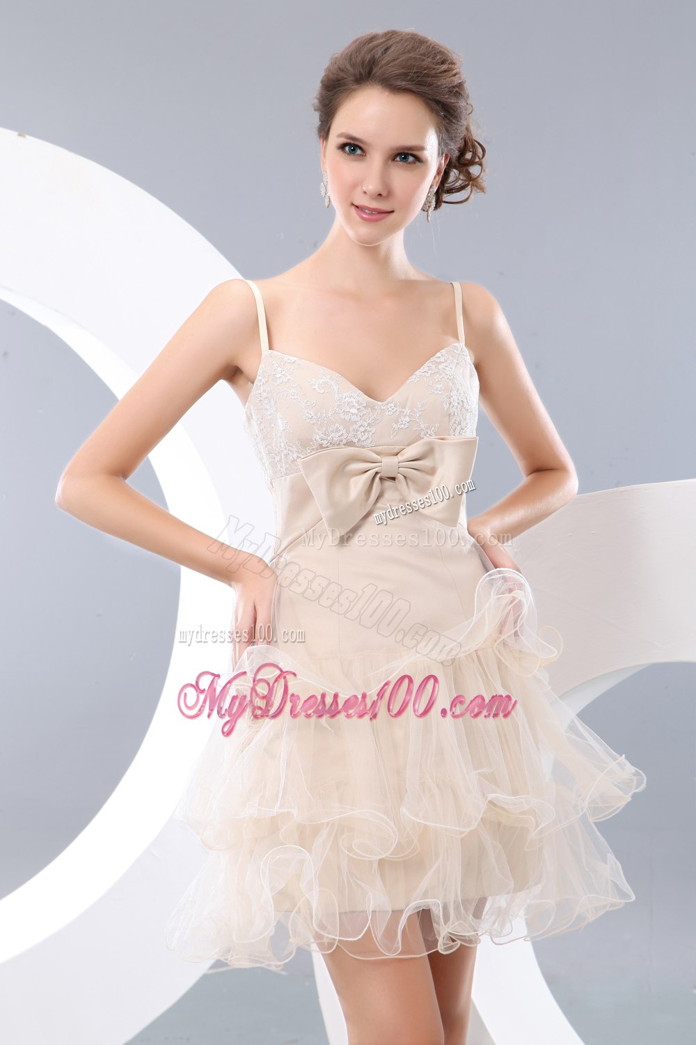 Luxurious Champagne Straps Bowknot Short Cocktail Dress Dress
