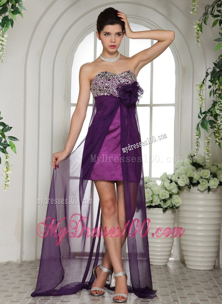 Eggplant Purple Sweetheart Beaded Cocktail Dress With Hand Flower