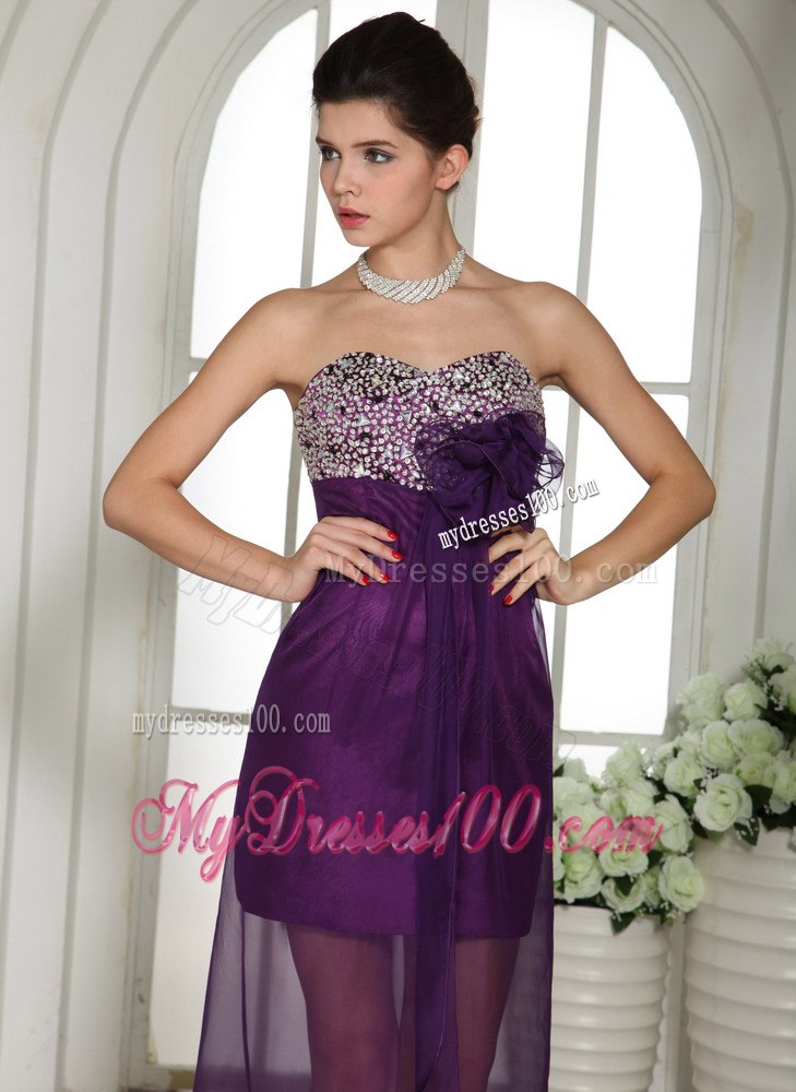 Eggplant Purple Sweetheart Beaded Cocktail Dress With Hand Flower