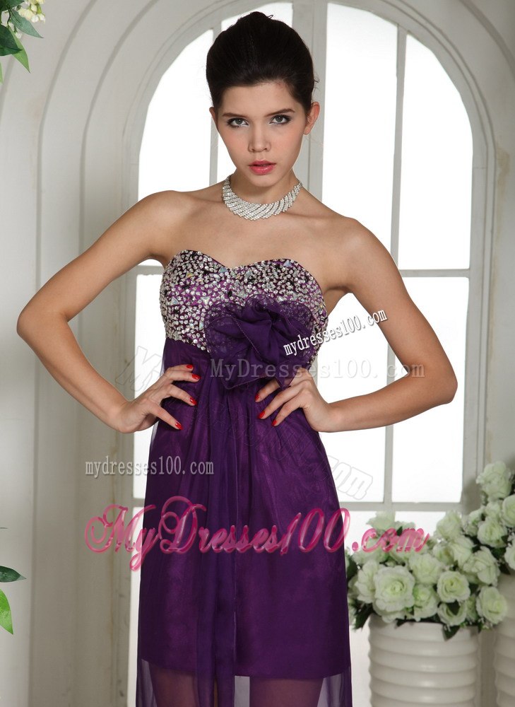 Eggplant Purple Sweetheart Beaded Cocktail Dress With Hand Flower
