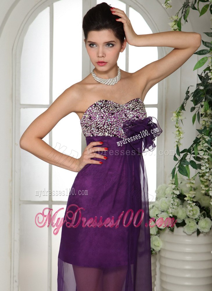 Eggplant Purple Sweetheart Beaded Cocktail Dress With Hand Flower