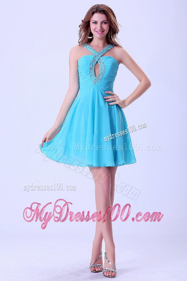 V-neck Beaded Aqua Blue Cocktail Dress With Mini-length For Club