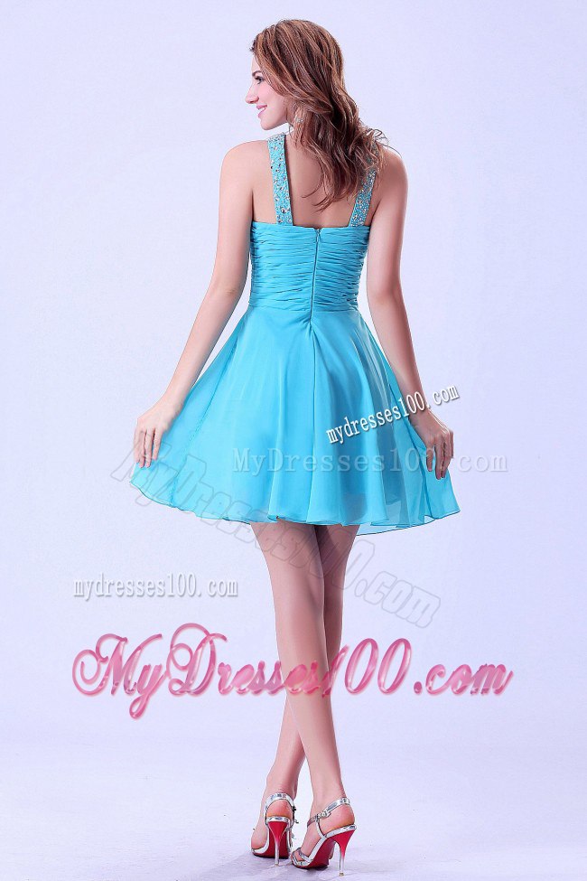 V-neck Beaded Aqua Blue Cocktail Dress With Mini-length For Club