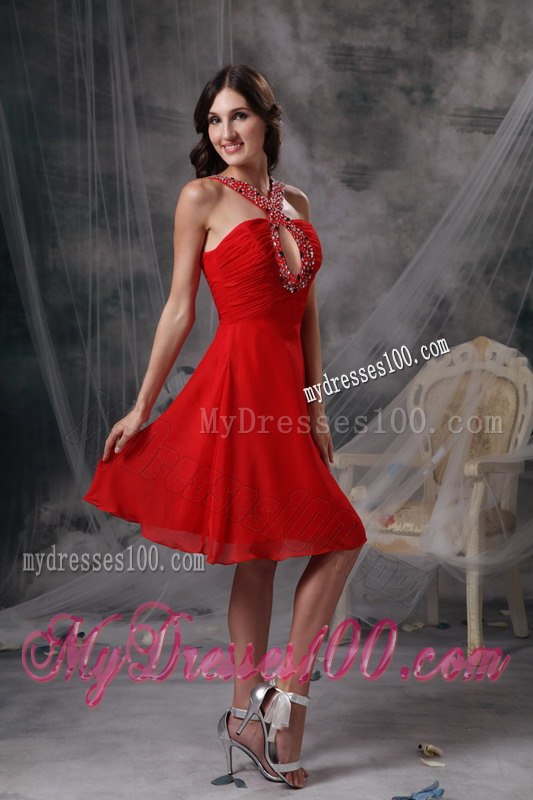 Modern Red Empire V-neck Short Cocktail Dress Beading Knee-length