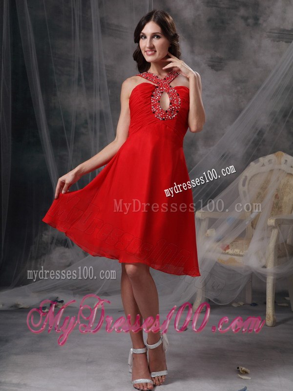 Modern Red Empire V-neck Short Cocktail Dress Beading Knee-length