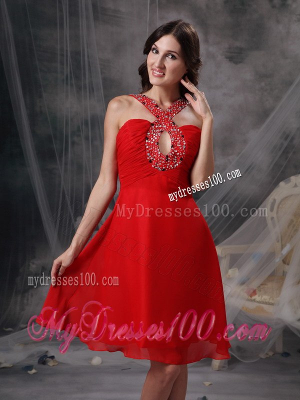Modern Red Empire V-neck Short Cocktail Dress Beading Knee-length