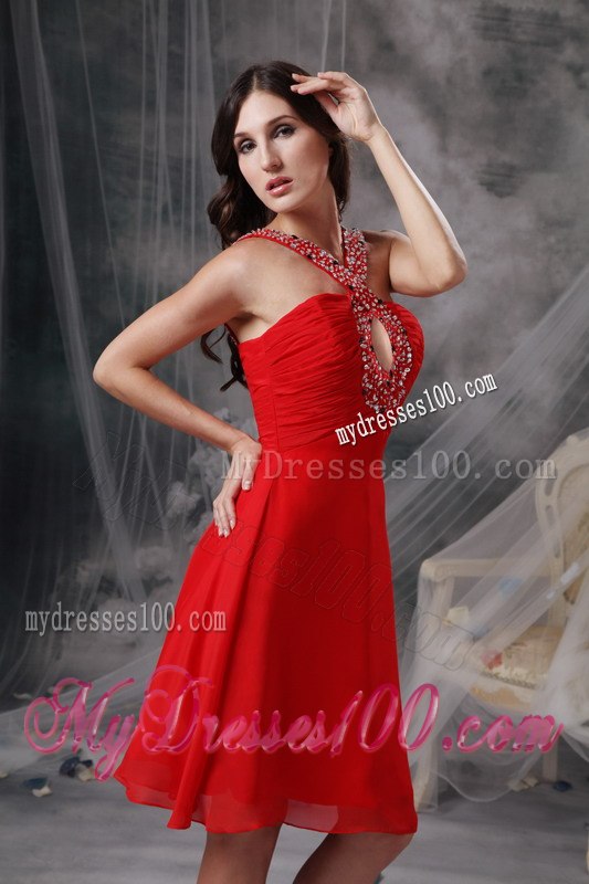 Modern Red Empire V-neck Short Cocktail Dress Beading Knee-length