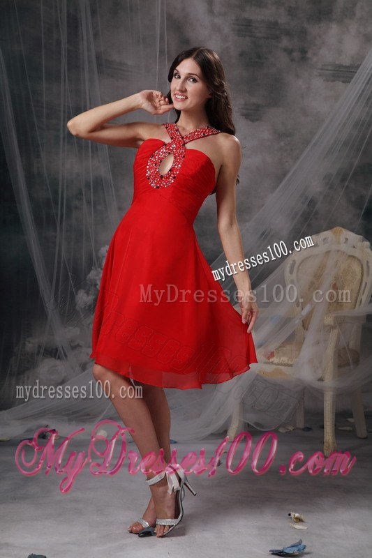 Modern Red Empire V-neck Short Cocktail Dress Beading Knee-length