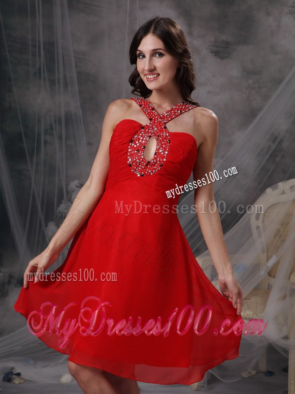 Modern Red Empire V-neck Short Cocktail Dress Beading Knee-length