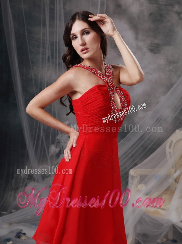 Modern Red Empire V-neck Short Cocktail Dress Beading Knee-length