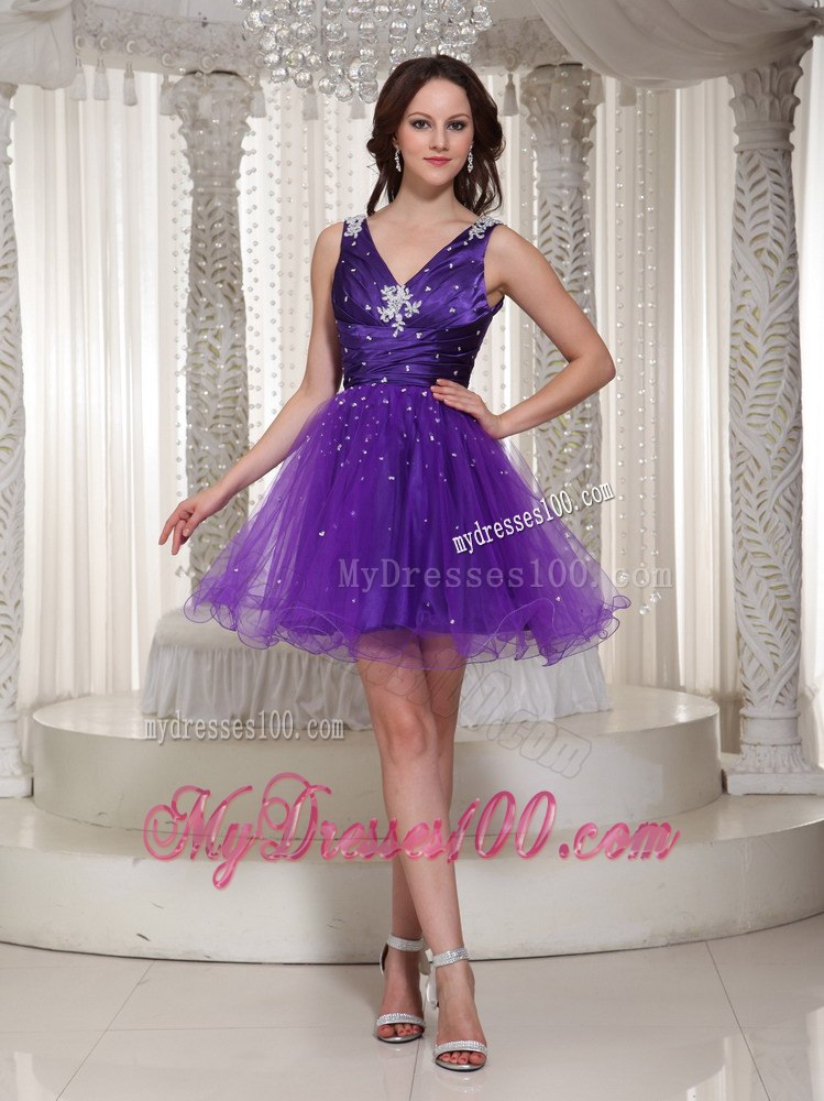 Lovely V-neck Purple Ruching Cocktail Dress With Beaded Bodice