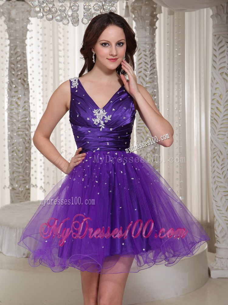 Lovely V-neck Purple Ruching Cocktail Dress With Beaded Bodice
