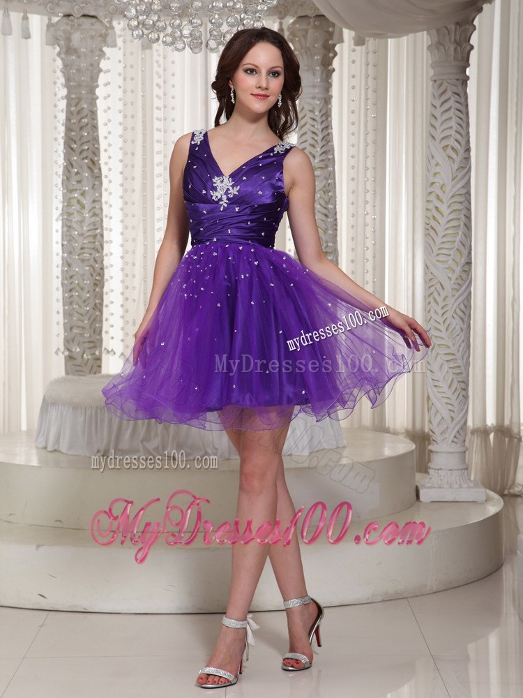 Lovely V-neck Purple Ruching Cocktail Dress With Beaded Bodice