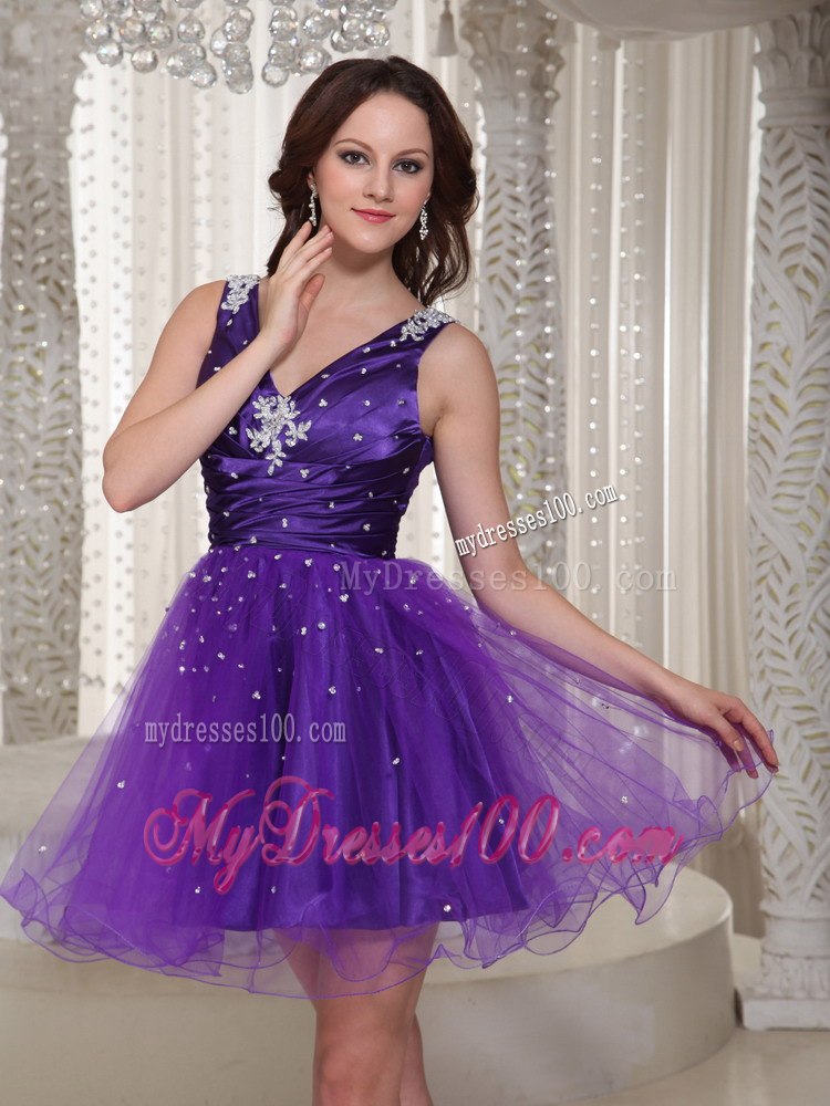 Lovely V-neck Purple Ruching Cocktail Dress With Beaded Bodice