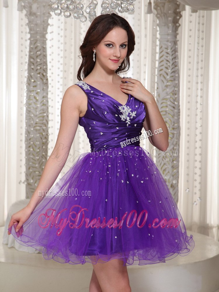 Lovely V-neck Purple Ruching Cocktail Dress With Beaded Bodice