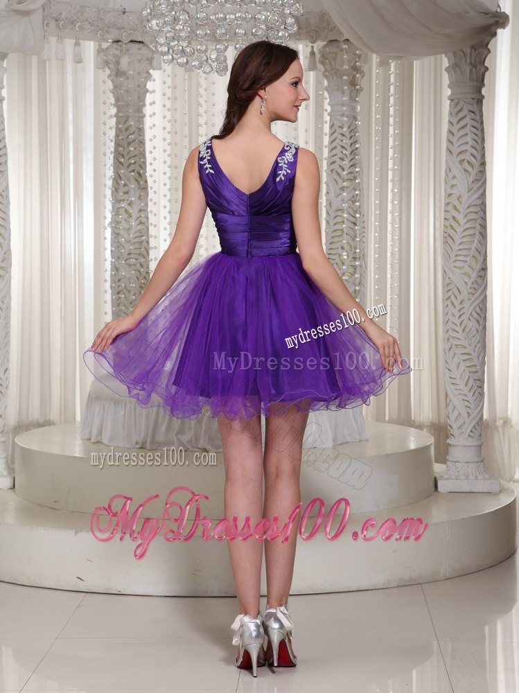 Lovely V-neck Purple Ruching Cocktail Dress With Beaded Bodice
