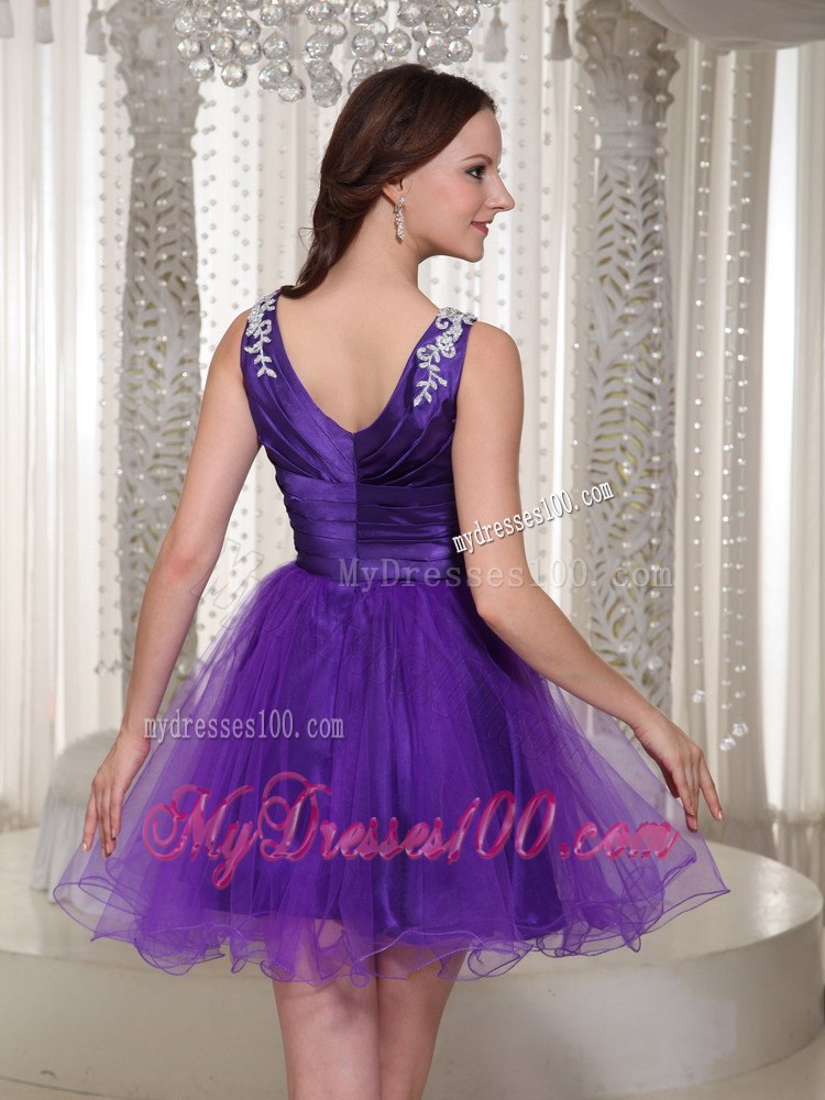 Lovely V-neck Purple Ruching Cocktail Dress With Beaded Bodice