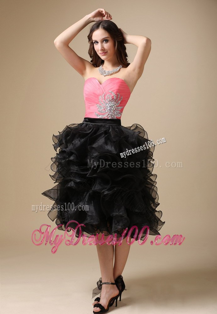 Watermelon Red and Black Cocktail Dress with Sweetheart Beading
