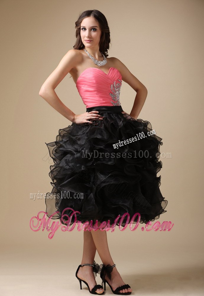Watermelon Red and Black Cocktail Dress with Sweetheart Beading